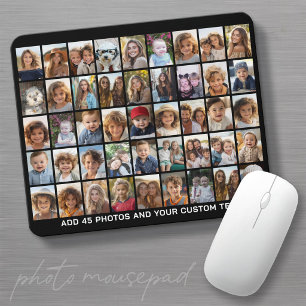 45 Square Photo Collage Grid with Text - black Mouse Mat