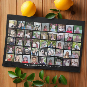 45 Square Photo Collage Grid with Text - black Tea Towel