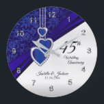45th / 65th Sapphire Wedding Anniversary Keepsake Large Clock<br><div class="desc">🥇AN ORIGINAL COPYRIGHT ART DESIGN by Donna Siegrist ONLY AVAILABLE ON ZAZZLE!. Personalise Clock. 45th or 65th Sapphire Wedding Anniversary Keepsake ready for you to personalise. This design works well for other events or occasions such as a birthday, wedding, years of service... or you can make it work for everyday...</div>