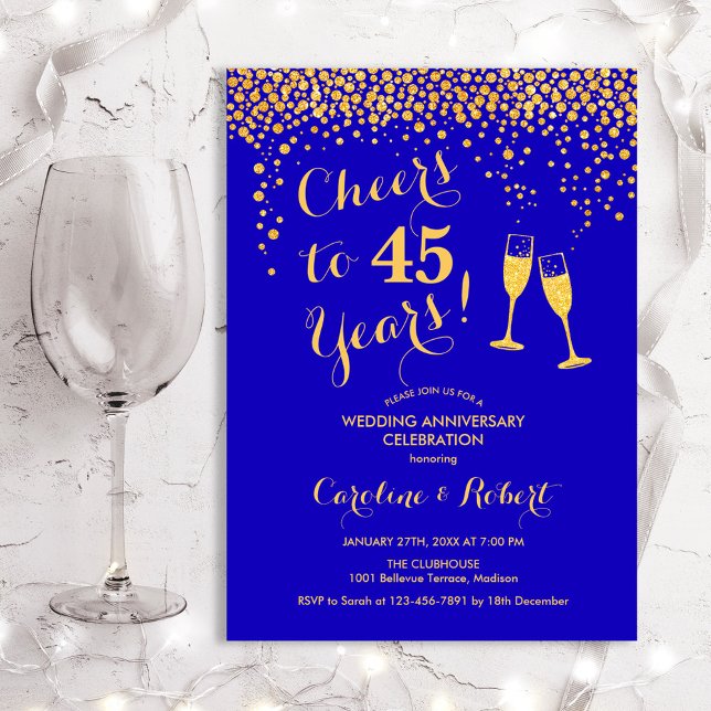 45th Anniversary - Cheers to 45 Years Blue Gold Invitation (Creator Uploaded)
