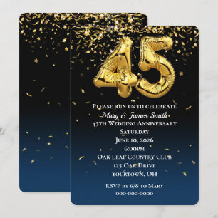 45th Anniversary Gold Balloons & Confetti Invitation