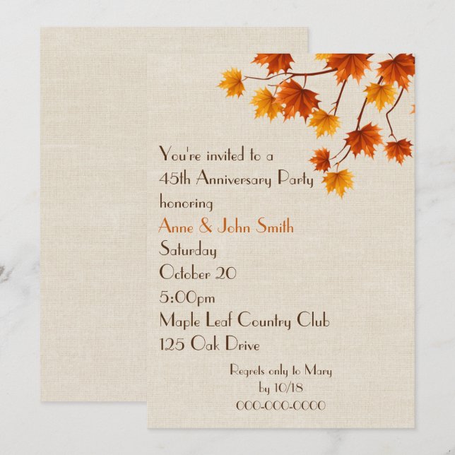 45th Anniversary Party Autumn Leaves Invitation (Front/Back)