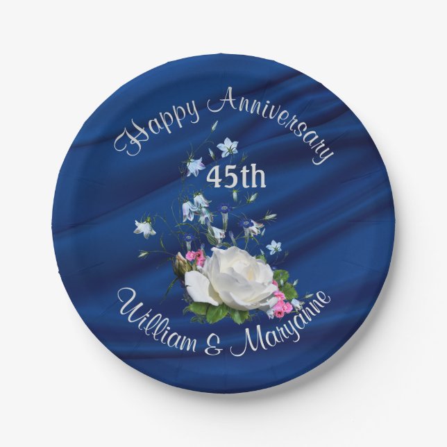 45th Anniversary Party White Rose Sapphire Blue Paper Plate (Front)