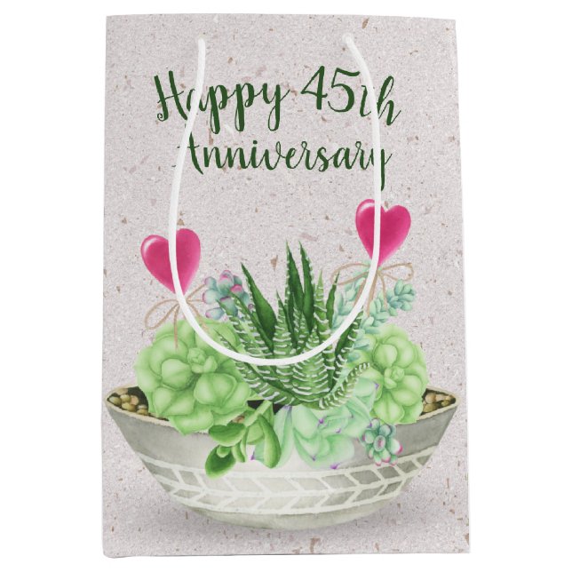45th Anniversary Pink Hearts in Succulents  Medium Gift Bag (Front)