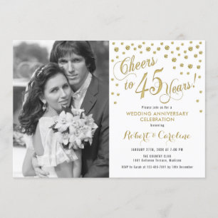 45th Anniversary with Photo - Gold White Invitation