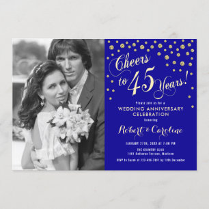 45th Anniversary with Photo - Sapphire Blue Gold Invitation