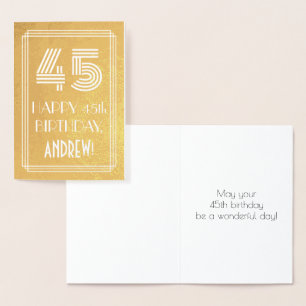 45th Birthday – Art Deco Inspired Look "45" + Name Foil Card