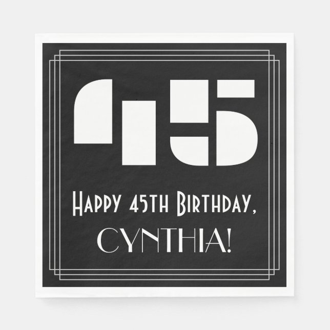 45th Birthday: Art Deco Inspired Look "45" + Name Napkin (Front)