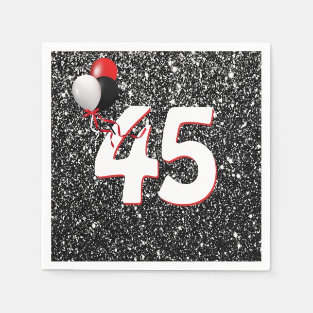 45th Birthday Balloons on Black Glitter Napkins (Front)