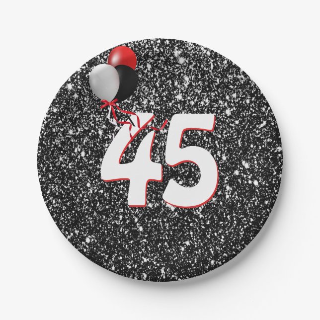 45th Birthday Balloons on Black Glitter  Paper Plate (Front)