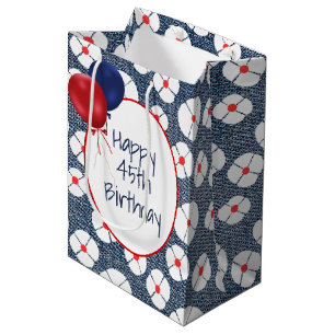 45th Birthday Balloons on Floral Denim Medium Gift Bag