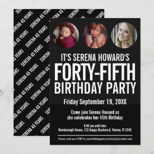 45th Birthday black white photo circles Invitation