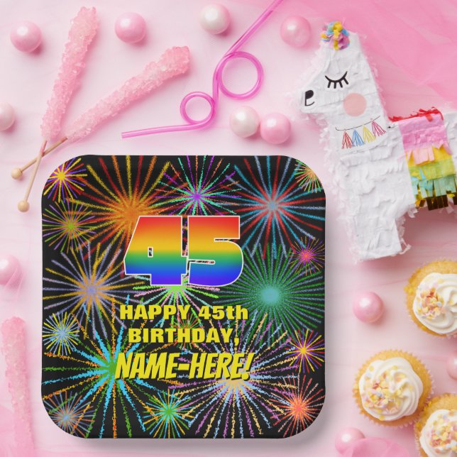45th Birthday: Colourful, Fun Celebratory Firework Paper Plate (Party)