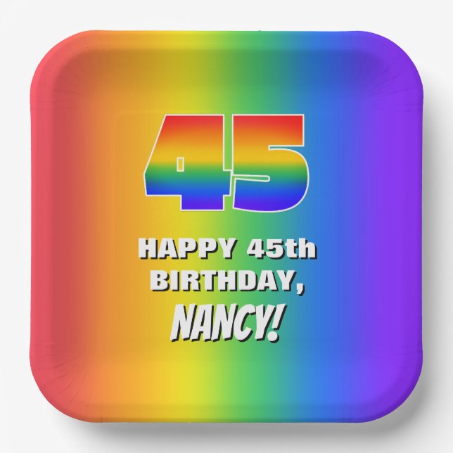45th Birthday: Colourful, Fun Rainbow Pattern # 45 Paper Plate (Front)