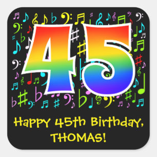 45th Birthday: Colourful Music Symbols, Rainbow 45 Square Sticker
