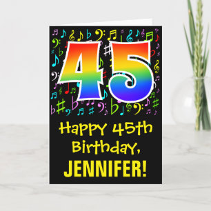 45th Birthday: Colourful Music Symbols + Rainbow 4 Card