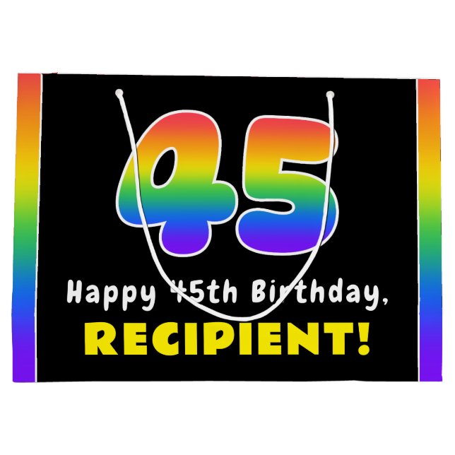 45th Birthday: Colourful Rainbow # 45, Custom Name Large Gift Bag (Back)