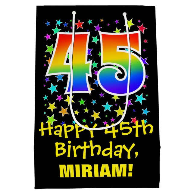 45th Birthday: Colourful Stars Pattern & Rainbow 4 Medium Gift Bag (Back)