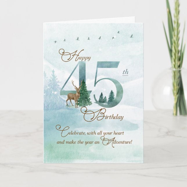45th Birthday Evergreen Pines and Deer Nature Card (Front)