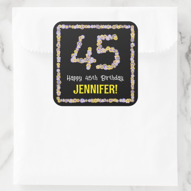 45th Birthday: Floral Flowers Number, Custom Name Square Sticker (Bag)