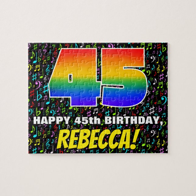 45th Birthday — Fun, Colourful Music Symbols & “45 Jigsaw Puzzle (Horizontal)