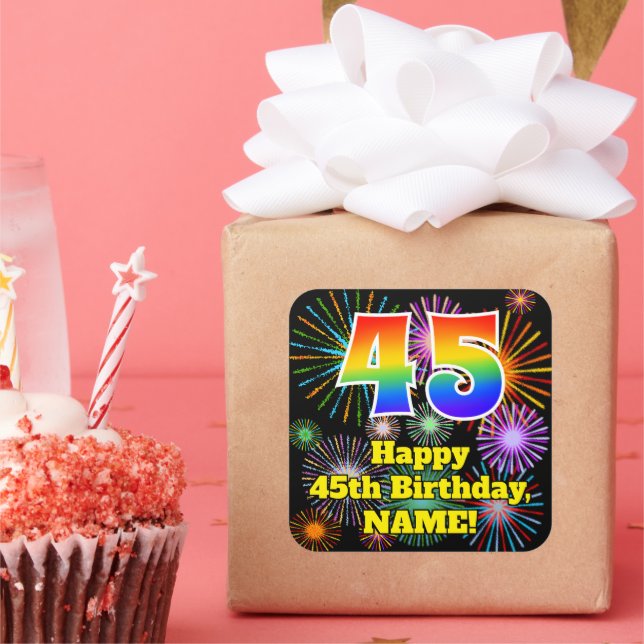 45th Birthday: Fun Fireworks Look, Rainbow # 45 Square Sticker (Party)