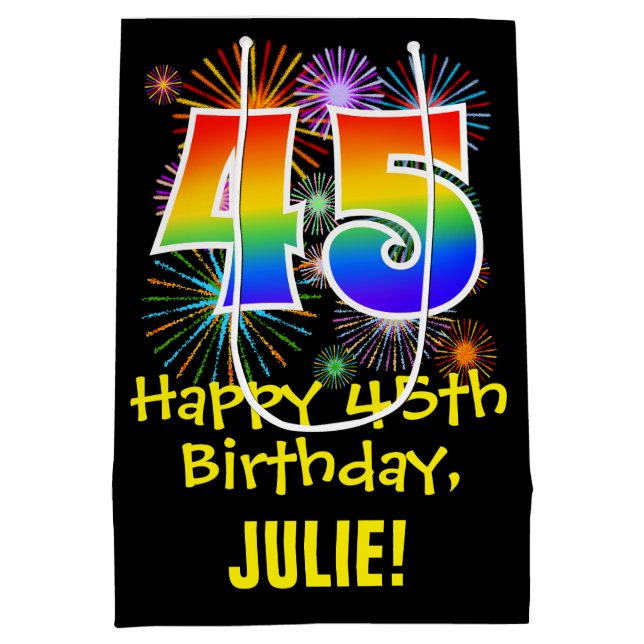 45th Birthday: Fun Fireworks Pattern + Rainbow 45 Medium Gift Bag (Back)