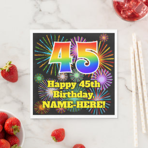 45th Birthday: Fun Fireworks Pattern + Rainbow 45 Napkin