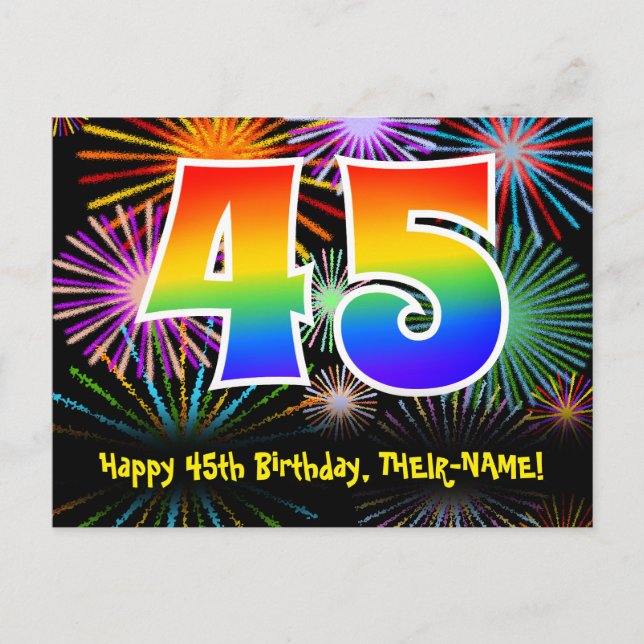 45th Birthday – Fun Fireworks Pattern + Rainbow 45 Postcard (Front)