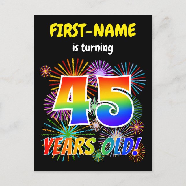 45th Birthday - Fun Fireworks, Rainbow Look "45" Postcard (Front)