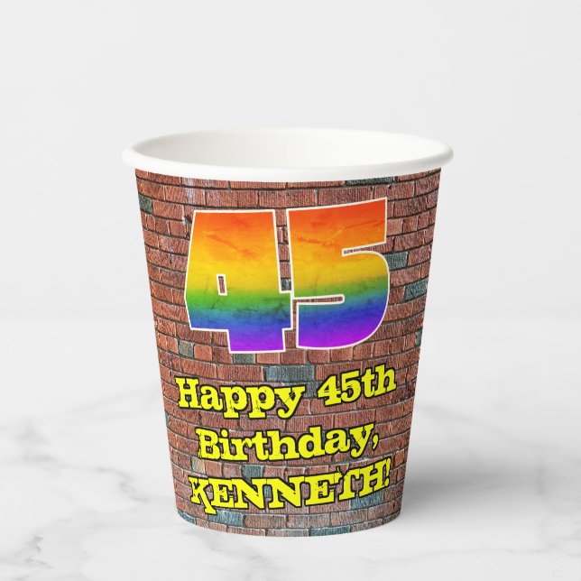 45th Birthday: Fun Graffiti-Inspired Rainbow 45 Paper Cups (Front)
