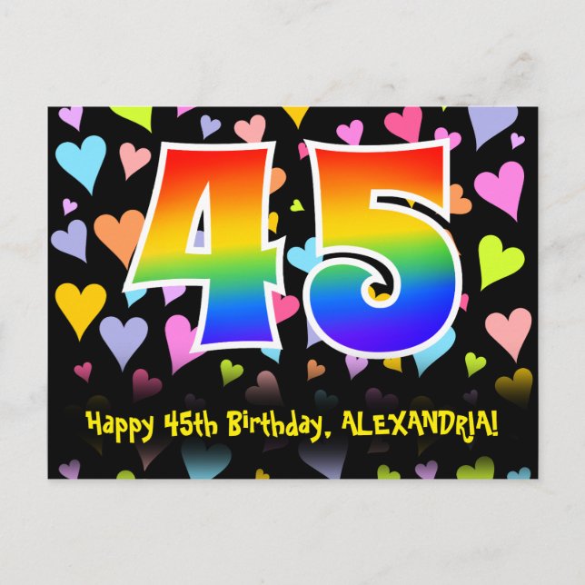 45th Birthday: Fun Hearts Pattern, Rainbow 45 Postcard (Front)