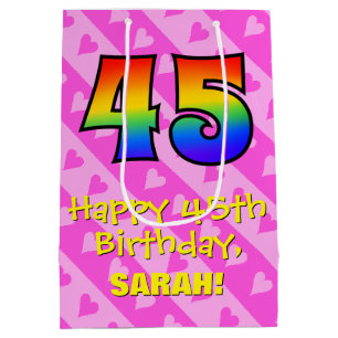 45th Birthday: Fun Pink Hearts Stripes; Rainbow 45 Medium Gift Bag