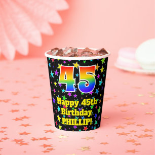 45th Birthday: Fun Stars Pattern and Rainbow 45 Paper Cups