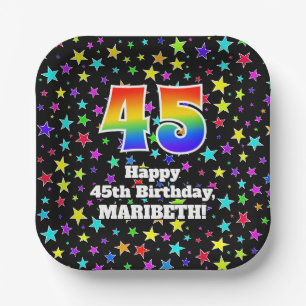 45th Birthday: Fun Stars Pattern and Rainbow “45 Paper Plate
