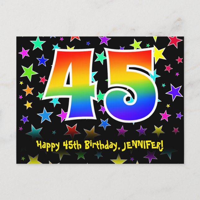 45th Birthday: Fun Stars Pattern, Rainbow 45, Name Postcard (Front)