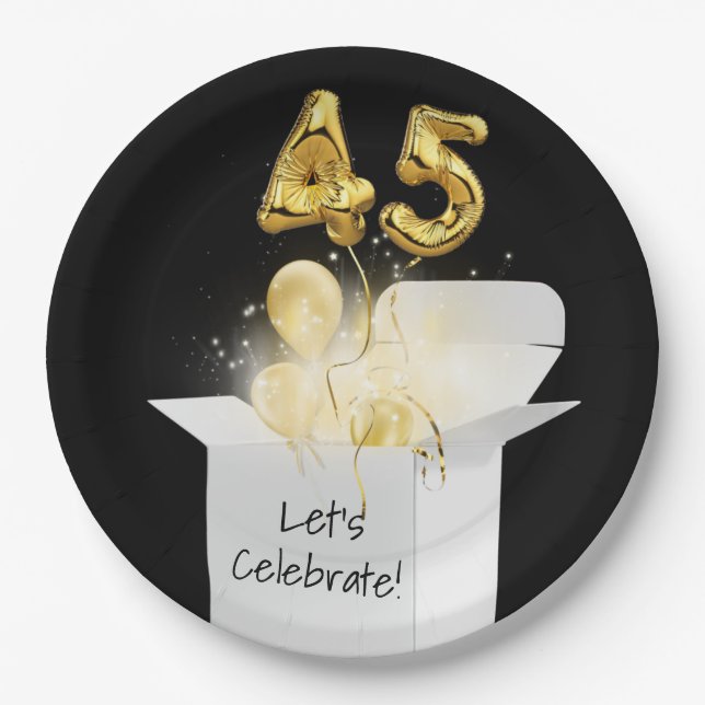 45th Birthday Gold Balloons In White Box     Paper Plate (Front)