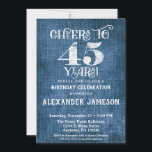 45th Birthday Invitation Blue Linen Rustic Cheers<br><div class="desc">A rustic 45th birthday party invitation in blue linen burlap with white type that says cheers to 45 years. Great for casual birthday celebrations. Suitable for men's or women's birthday parties.</div>