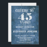 45th Birthday Invitation Blue Linen Rustic Cheers<br><div class="desc">A rustic 45th birthday party invitation in blue linen burlap with white type that says cheers to 45 years. Great for casual birthday celebrations. Suitable for men's or women's birthday parties.</div>