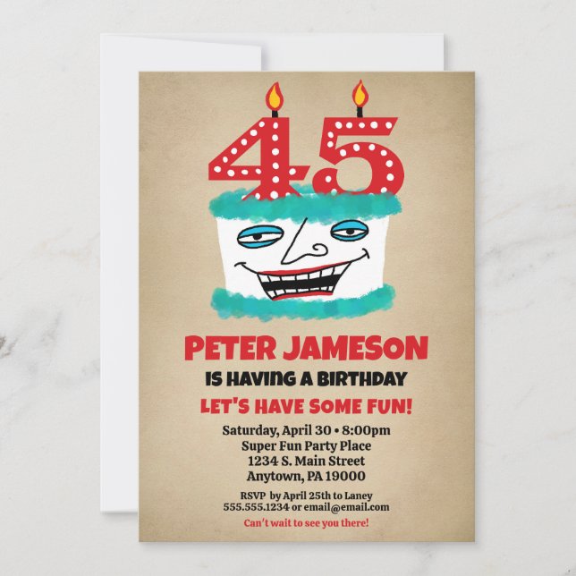 45th Birthday Invitation Funny Cake Casual Mens (Front)