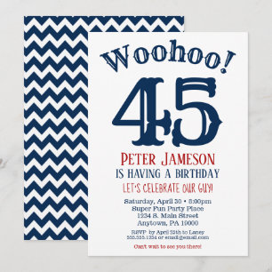 45th Birthday Invitation Mens Navy Blue