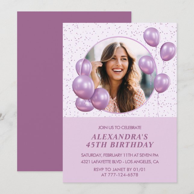 45th birthday invitations Balloons Photo Purple (Front/Back)