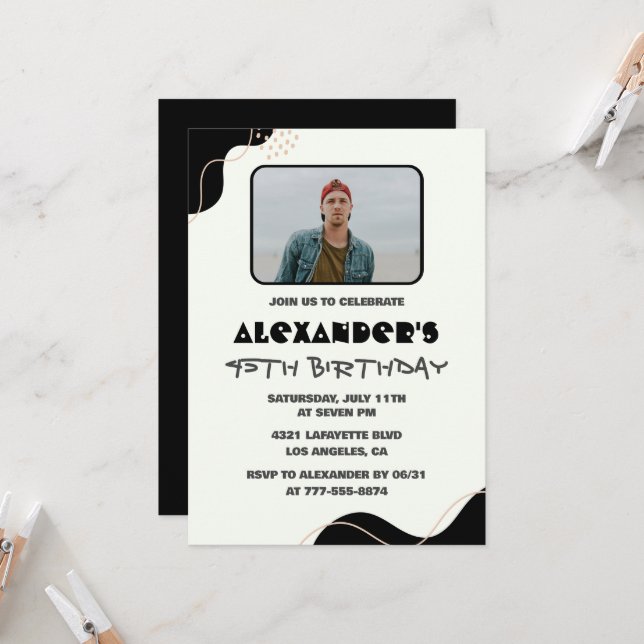 45th birthday invitations Men Black Simple Photo (Front/Back In Situ)