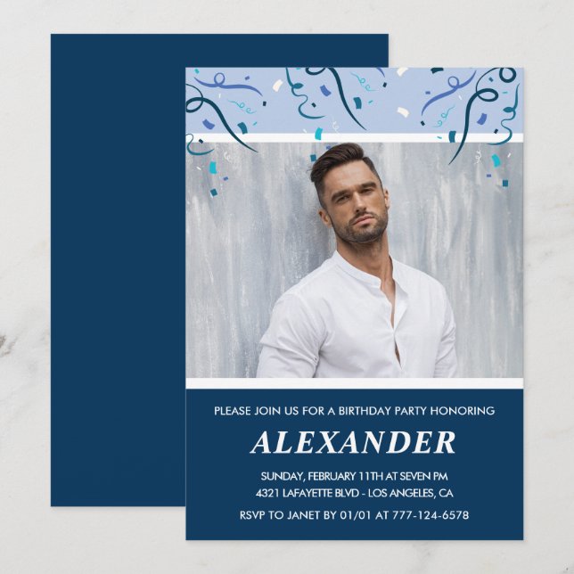 45th birthday invitations Men Photo Navy Blue (Front/Back)