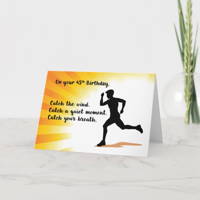 45th Birthday Man Running with Sunburst Background Card (Front)