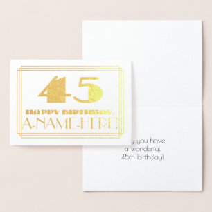 45th Birthday; Name + Art Deco Inspired Look "45" Foil Card