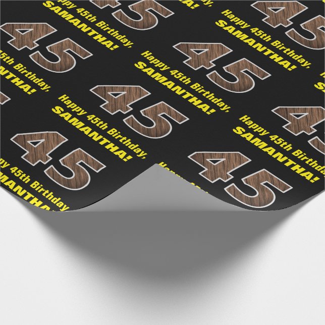45th Birthday: Name & Faux Wood Grain Pattern "45" Wrapping Paper (Corner)