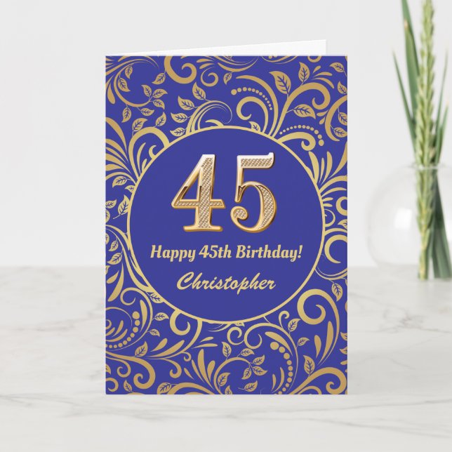45th Birthday Navy Blue and Gold Floral Pattern Card (Front)