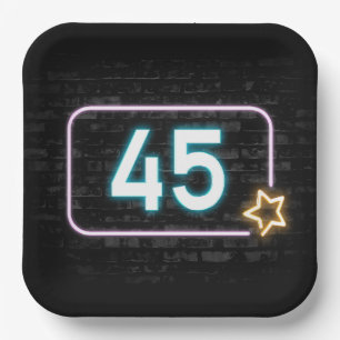 45th Birthday Neon Sign On Brick Paper Plate