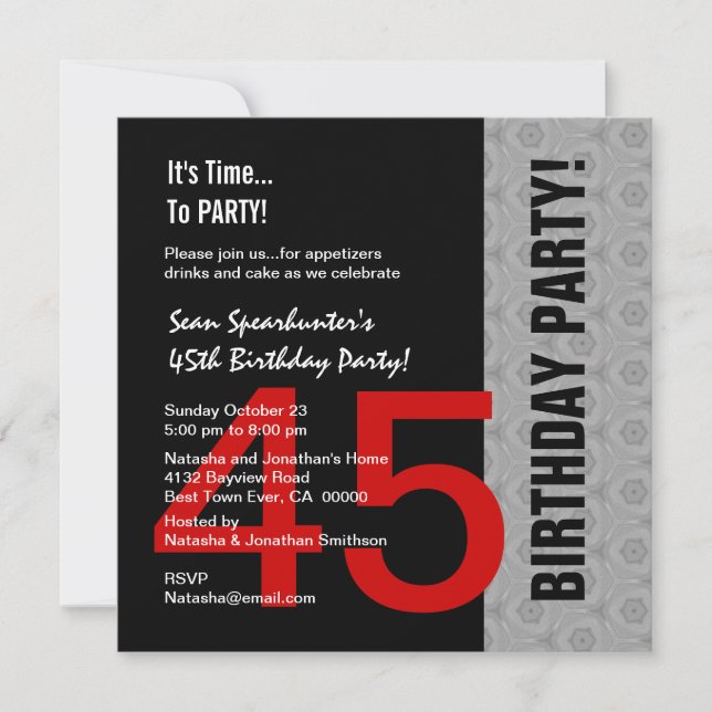 45th Birthday Or Any Year Red Silver Black C846C Invitation (Front)